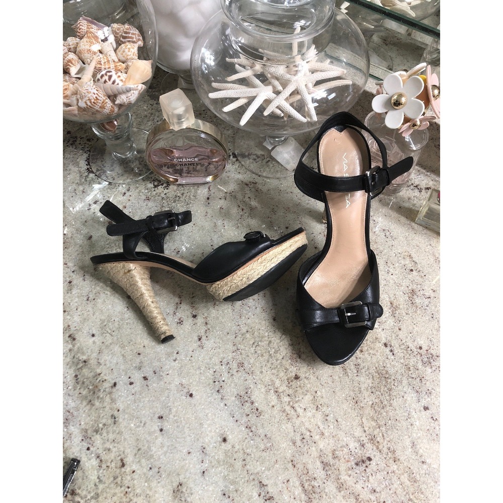 Via Spiga Womens Sz 8 Black Leather Jute Platform Stiletto High Heel Sandals